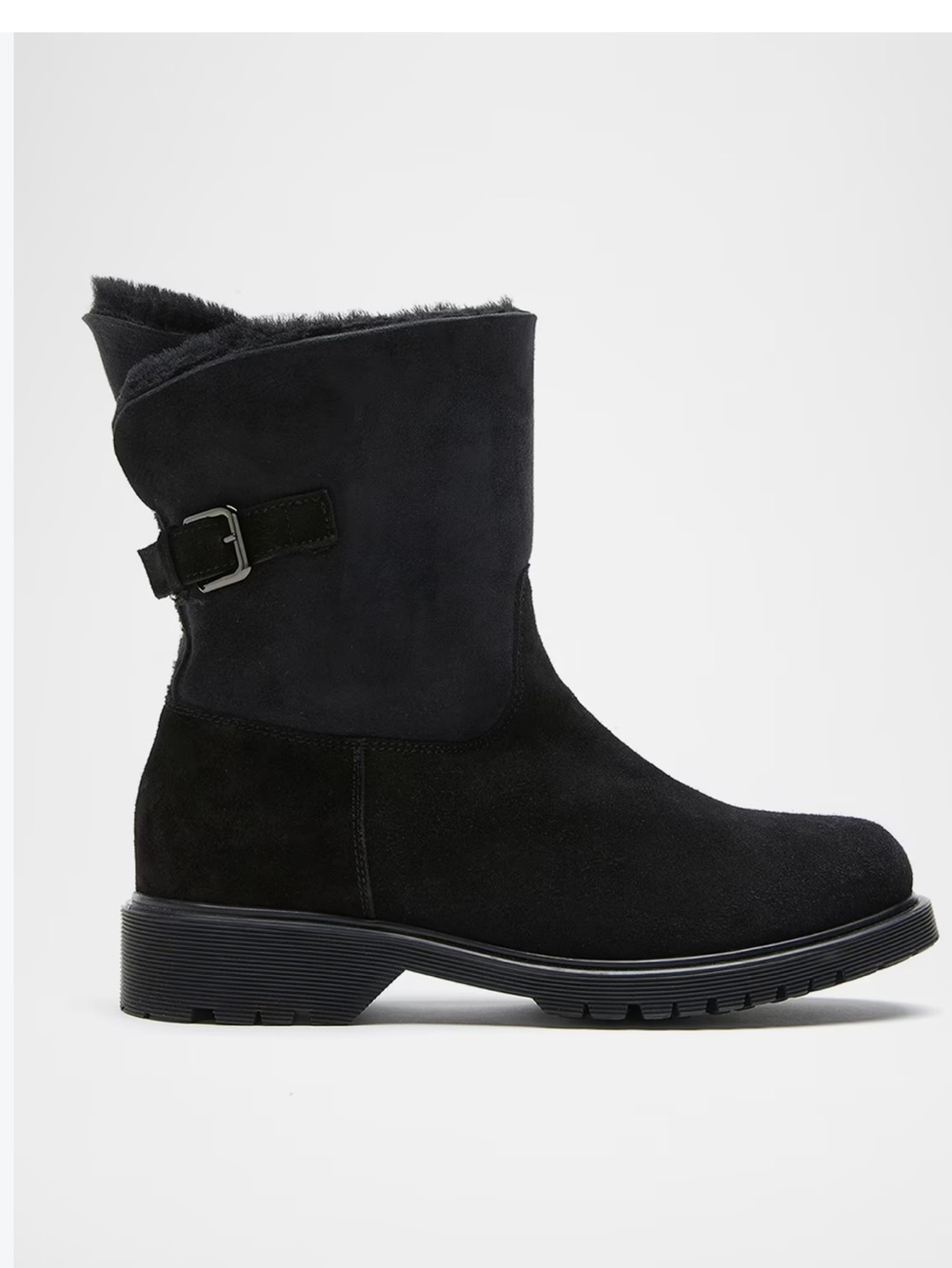 La CANADIENNE Black Suede Shearling-Lined Ankle Boots with Buckle